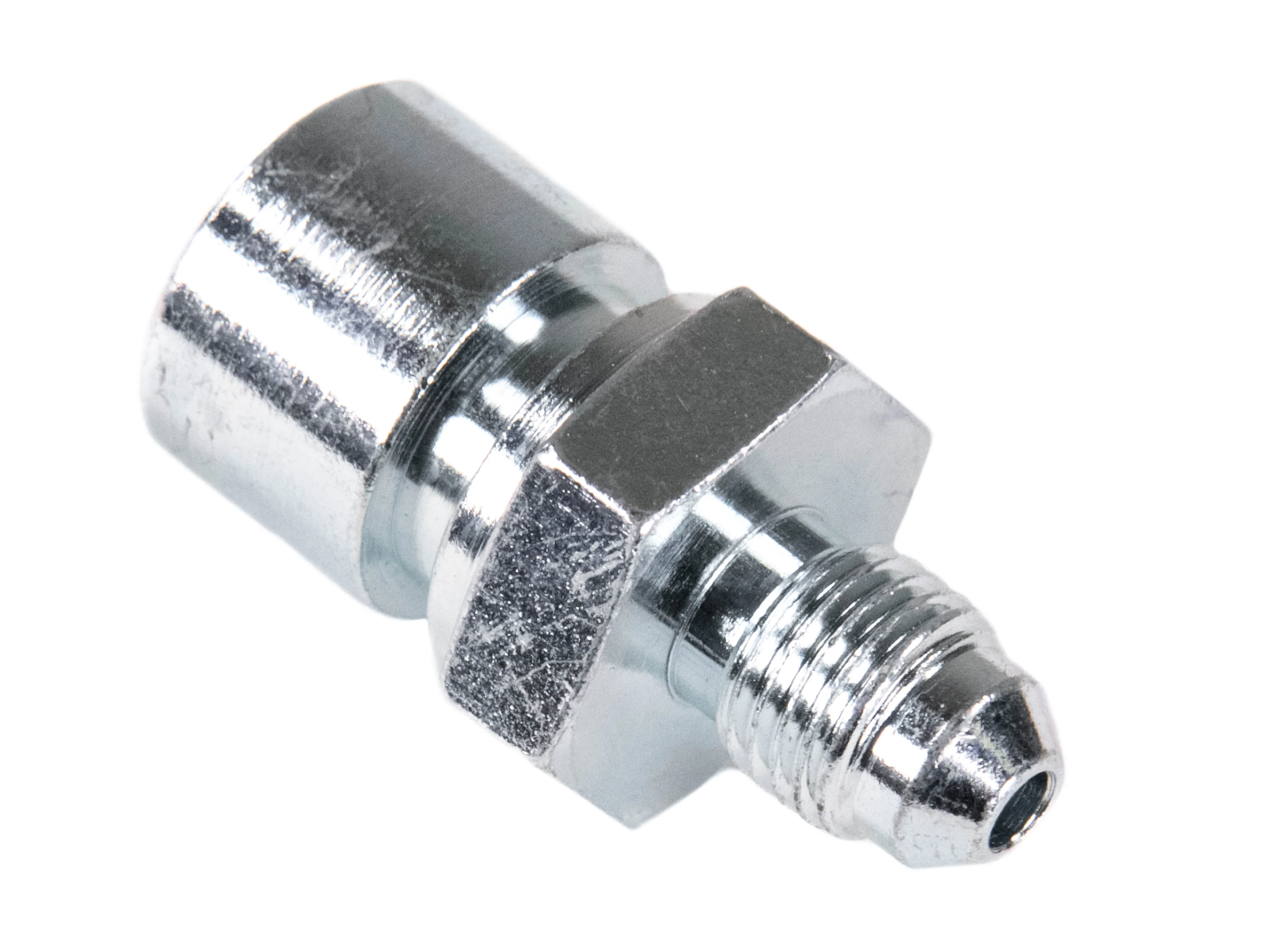 Brake Hardline Fitting, Male -3 AN to Female 7/16-24 female inverted flare, Steel, Zinc Plated, Each 650204 Fragola