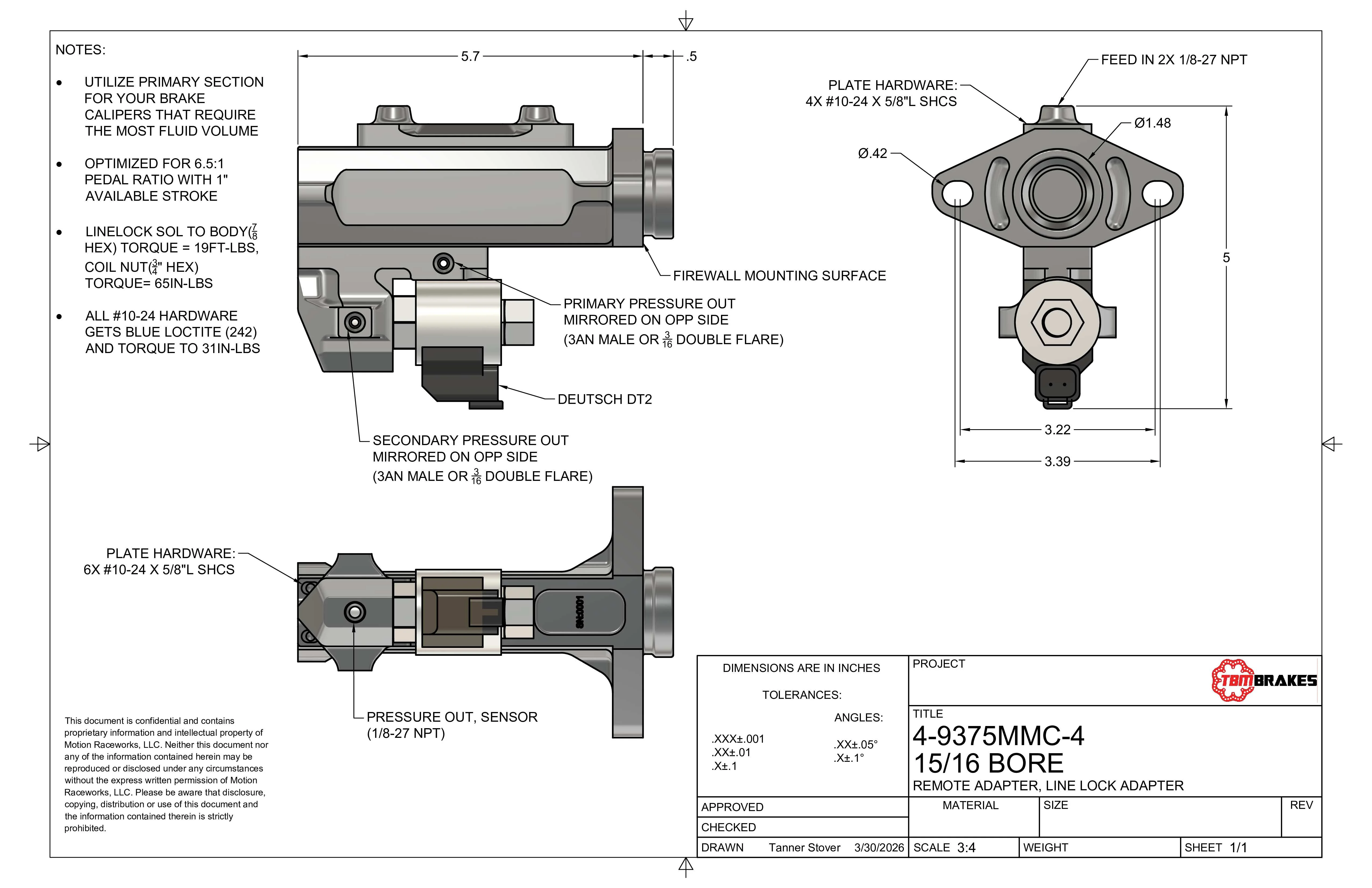 TBM Modular Billet Master Cylinder 1.032" Bore (Remote Top) - Image 3